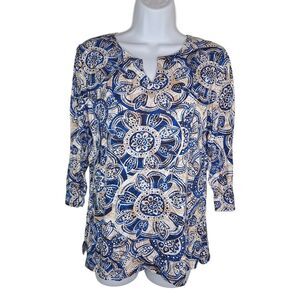 Chico's Blue and Cream Floral Blouse Top Size 1 Medium